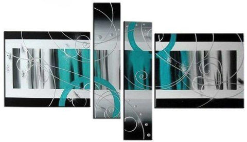 4 Piece Canvas Art, Abstract Oil Painting for Sale, Black and White, Blue Canvas Art, Contemporary Wall Art-artworkcanvas