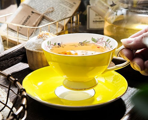 Elegant Yellow Ceramic Cups, Unique Royal Coffee Cup and Saucer, Beautiful British Tea Cups, Creative Bone China Porcelain Tea Cup Set-artworkcanvas