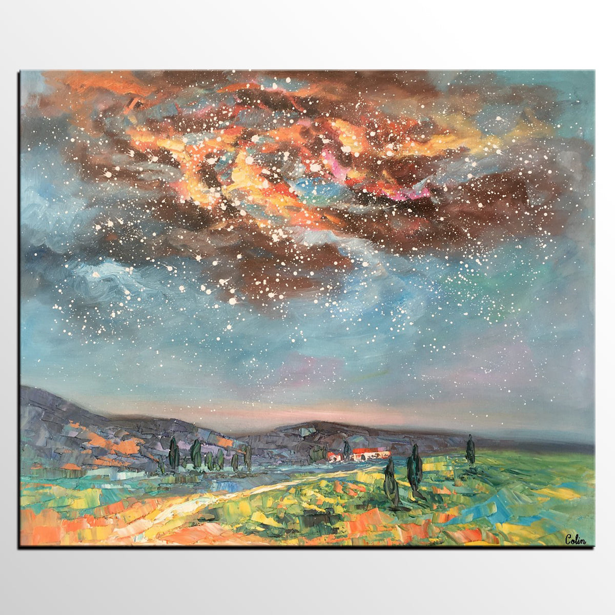 Landscape Oil Painting, Starry Night Sky Painting, Heavy Texture Painting, Custom Abstract Painting-artworkcanvas