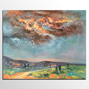 Landscape Oil Painting, Starry Night Sky Painting, Heavy Texture Painting, Custom Abstract Painting-artworkcanvas