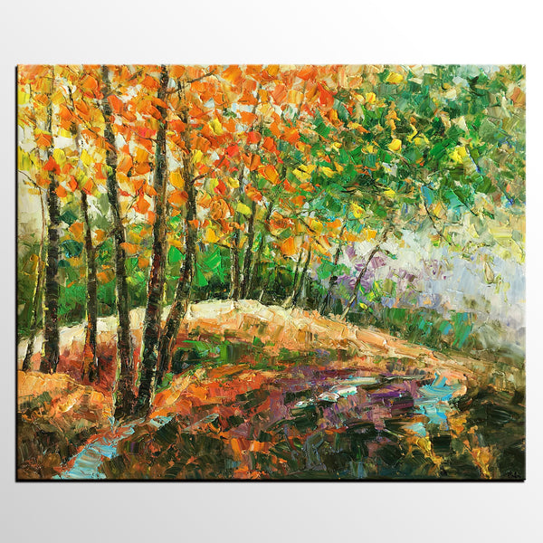 Abstract Art Painting, Autumn Tree and Lake Painting, Landscape Art, Canvas Wall Art, Autumn Tree Painting-artworkcanvas