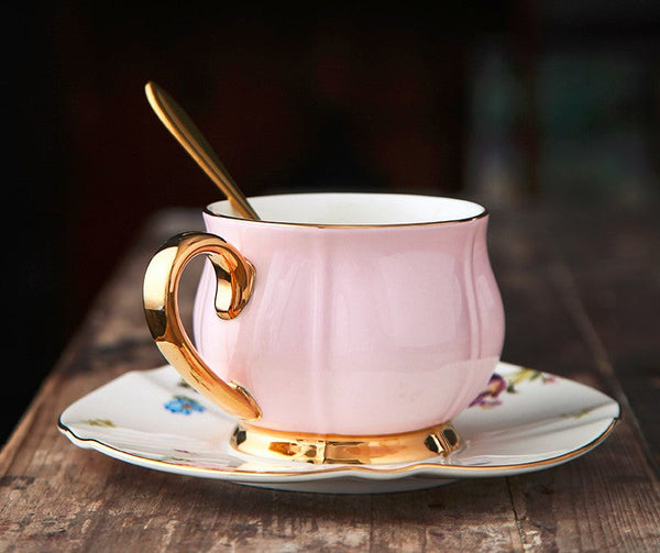 Unique Coffee Cup and Saucer in Gift Box as Birthday Gift, Elegant Pink Ceramic Cups, Beautiful British Tea Cups, Creative Bone China Porcelain Tea Cup Set-artworkcanvas