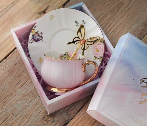Unique Coffee Cup and Saucer in Gift Box as Birthday Gift, Elegant Pink Ceramic Cups, Beautiful British Tea Cups, Creative Bone China Porcelain Tea Cup Set-artworkcanvas