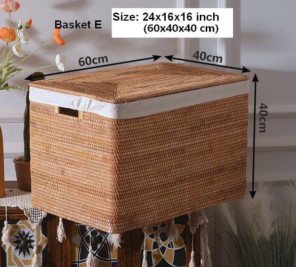 Oversized Storage Baskets for Bedroom, Rectangular Woven Storage Baskets for Clothes, Large Rectangular Storage Basket with Lid, Rattan Storage Case-artworkcanvas