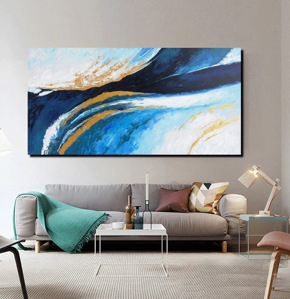 Living Room Wall Art Paintings, Blue Acrylic Abstract Painting Behind Couch, Large Painting on Canvas, Buy Paintings Online, Acrylic Painting for Sale-artworkcanvas