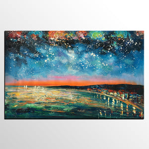 Landscape Painting, Starry Night Oil Painting, Original Wall Art, Custom Large Canvas Art-artworkcanvas