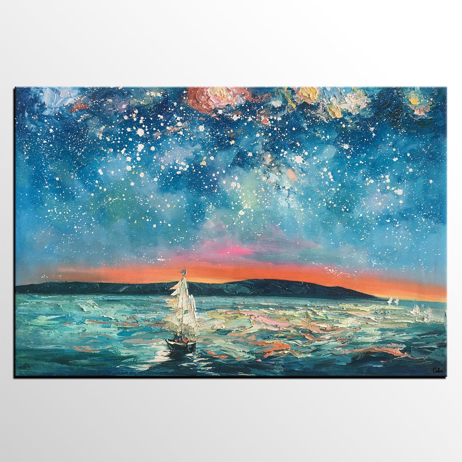 Abstract Landscape Painting, Sail Boat under Starry Night Sky Painting, Large Canvas Painting-artworkcanvas