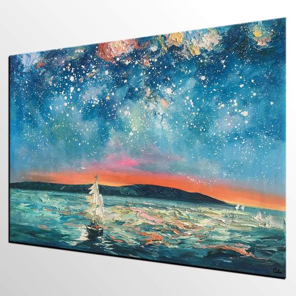Abstract Landscape Painting, Sail Boat under Starry Night Sky Painting, Large Canvas Painting-artworkcanvas
