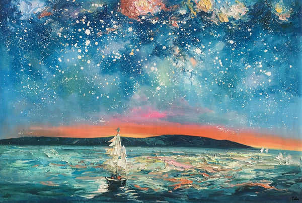 Abstract Landscape Painting, Sail Boat under Starry Night Sky Painting, Large Canvas Painting-artworkcanvas
