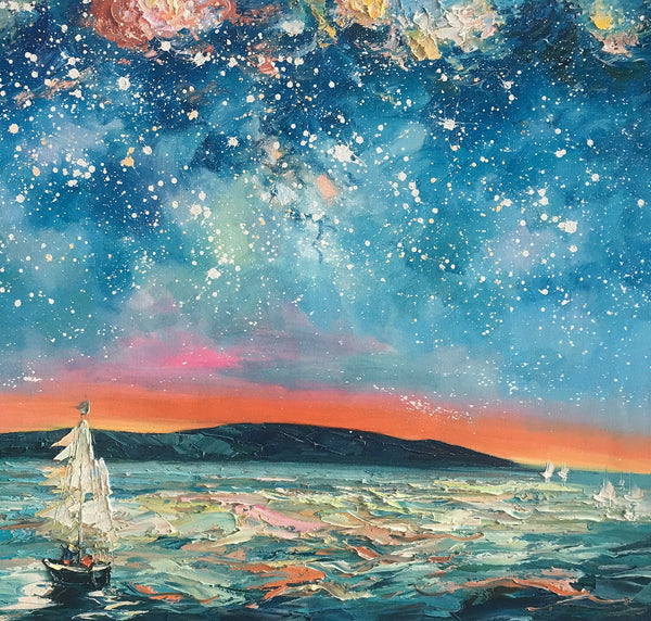 Abstract Landscape Painting, Sail Boat under Starry Night Sky Painting, Large Canvas Painting-artworkcanvas