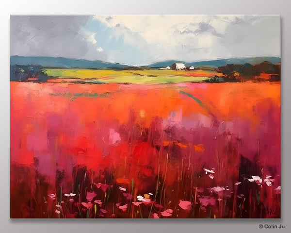 Abstract Canvas Painting, Landscape Paintings for Living Room, Red Poppy Field Painting, Original Hand Painted Wall Art, Abstract Landscape Art-artworkcanvas