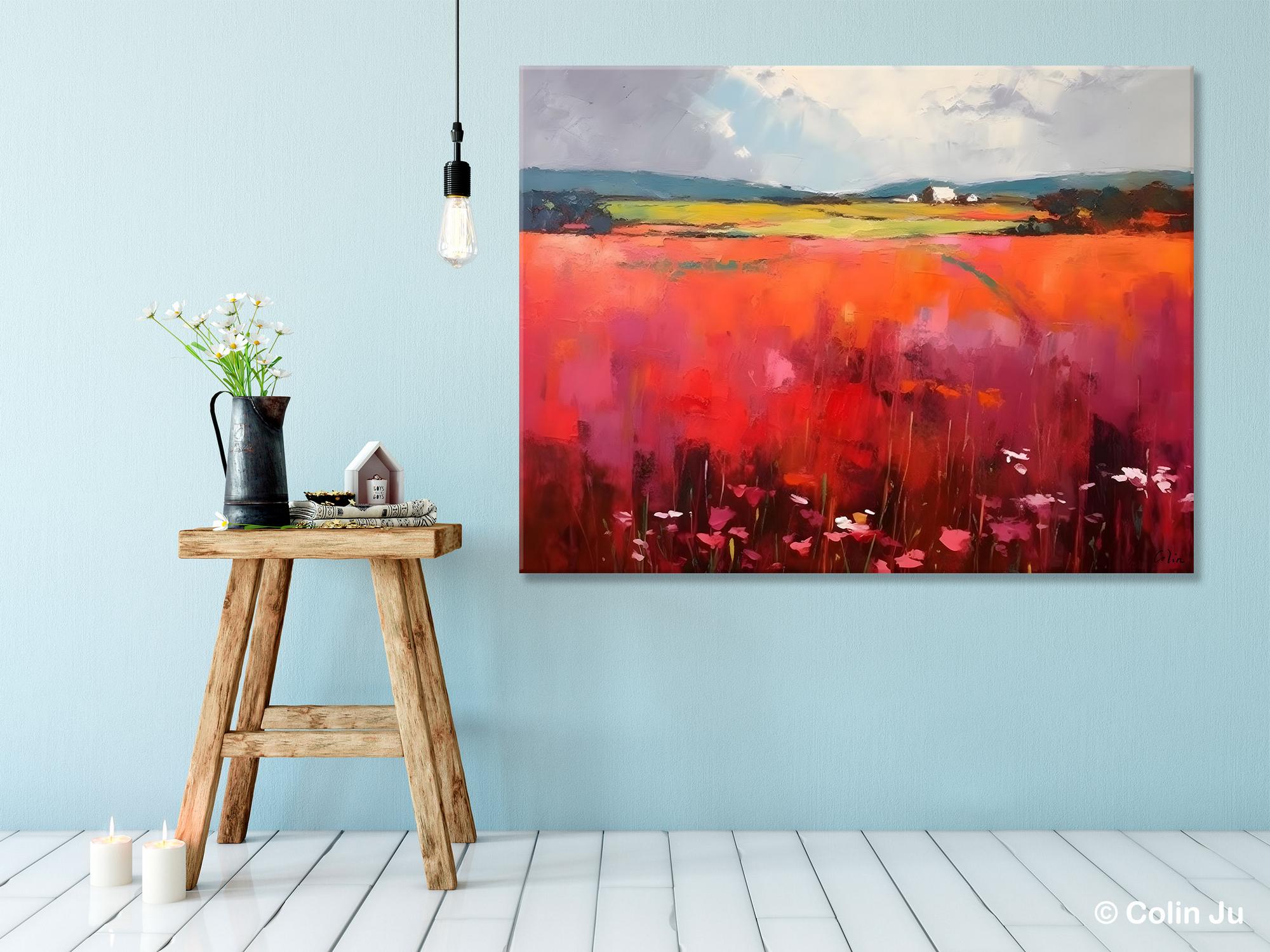 Abstract Canvas Painting, Landscape Paintings for Living Room, Red Poppy Field Painting, Original Hand Painted Wall Art, Abstract Landscape Art-artworkcanvas