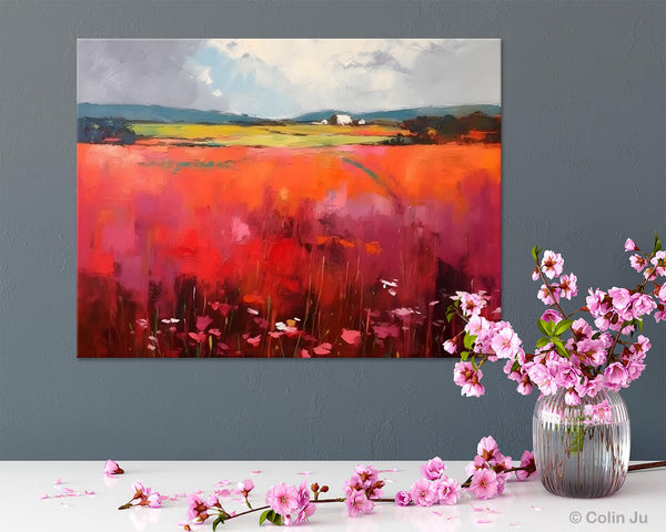 Abstract Canvas Painting, Landscape Paintings for Living Room, Red Poppy Field Painting, Original Hand Painted Wall Art, Abstract Landscape Art-artworkcanvas