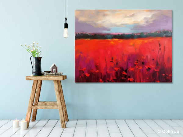 Simple Modern Art, Original Landscape Painting, Landscape Paintings for Living Room, Poppy Filed Canvas Paintings, Large Wall Art Paintings-artworkcanvas