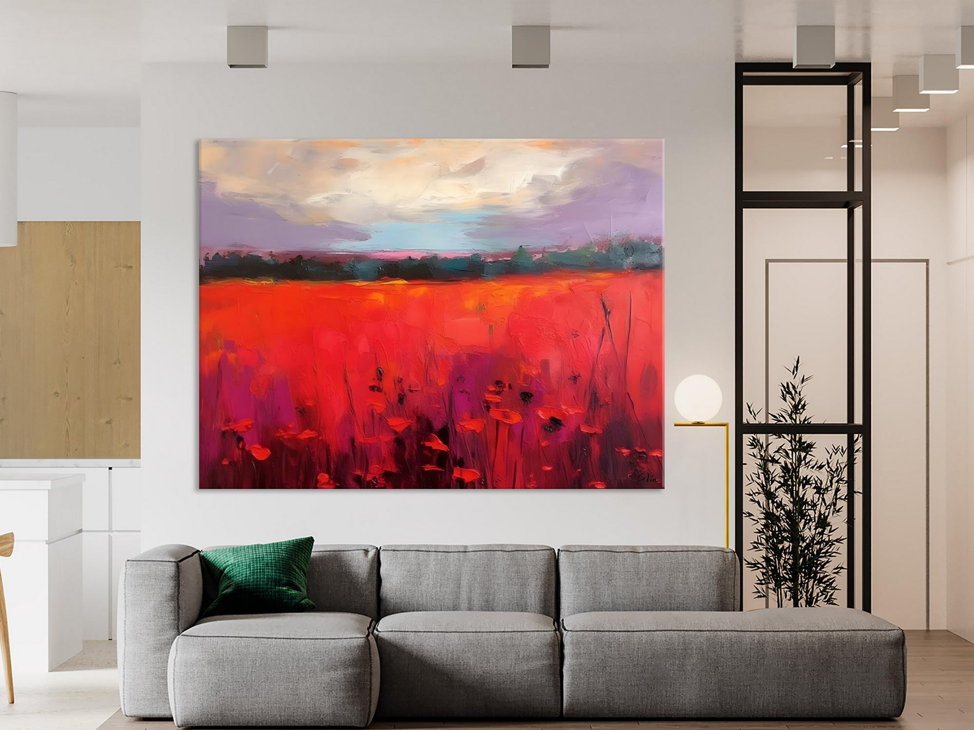 Simple Modern Art, Original Landscape Painting, Landscape Paintings for Living Room, Poppy Filed Canvas Paintings, Large Wall Art Paintings-artworkcanvas