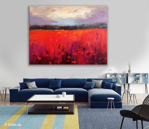 Simple Modern Art, Original Landscape Painting, Landscape Paintings for Living Room, Poppy Filed Canvas Paintings, Large Wall Art Paintings-artworkcanvas