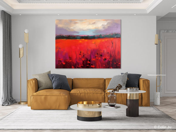 Simple Modern Art, Original Landscape Painting, Landscape Paintings for Living Room, Poppy Filed Canvas Paintings, Large Wall Art Paintings-artworkcanvas