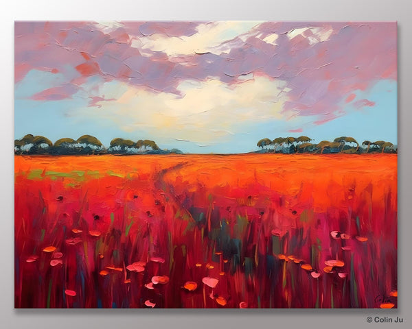 Acrylic Abstract Art, Landscape Canvas Paintings, Red Poppy Flower Field Painting, Landscape Acrylic Painting, Living Room Wall Art Paintings-artworkcanvas