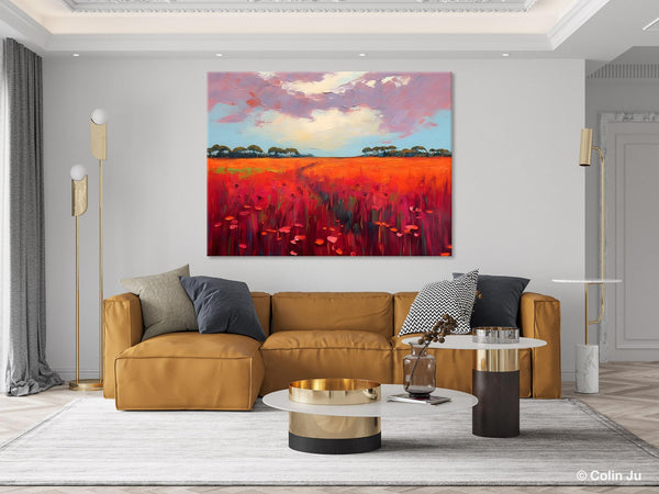 Acrylic Abstract Art, Landscape Canvas Paintings, Red Poppy Flower Field Painting, Landscape Acrylic Painting, Living Room Wall Art Paintings-artworkcanvas