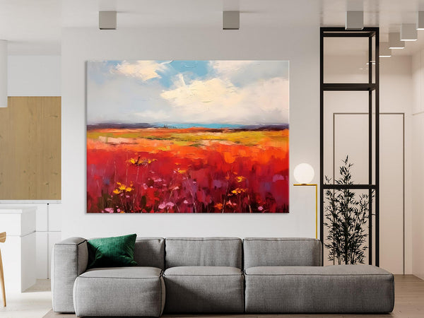 Extra Large Wall Art Painting, Landscape Canvas Painting for Living Room, Flower Field Acrylic Paintings, Original Landscape Acrylic Artwork-artworkcanvas