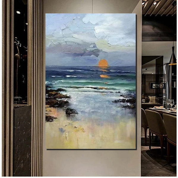 Contemporary Abstract Art for Dining Room, Seashore Sunrise Paintings, Living Room Canvas Art Ideas, Large Landscape Painting, Simple Modern Art-artworkcanvas