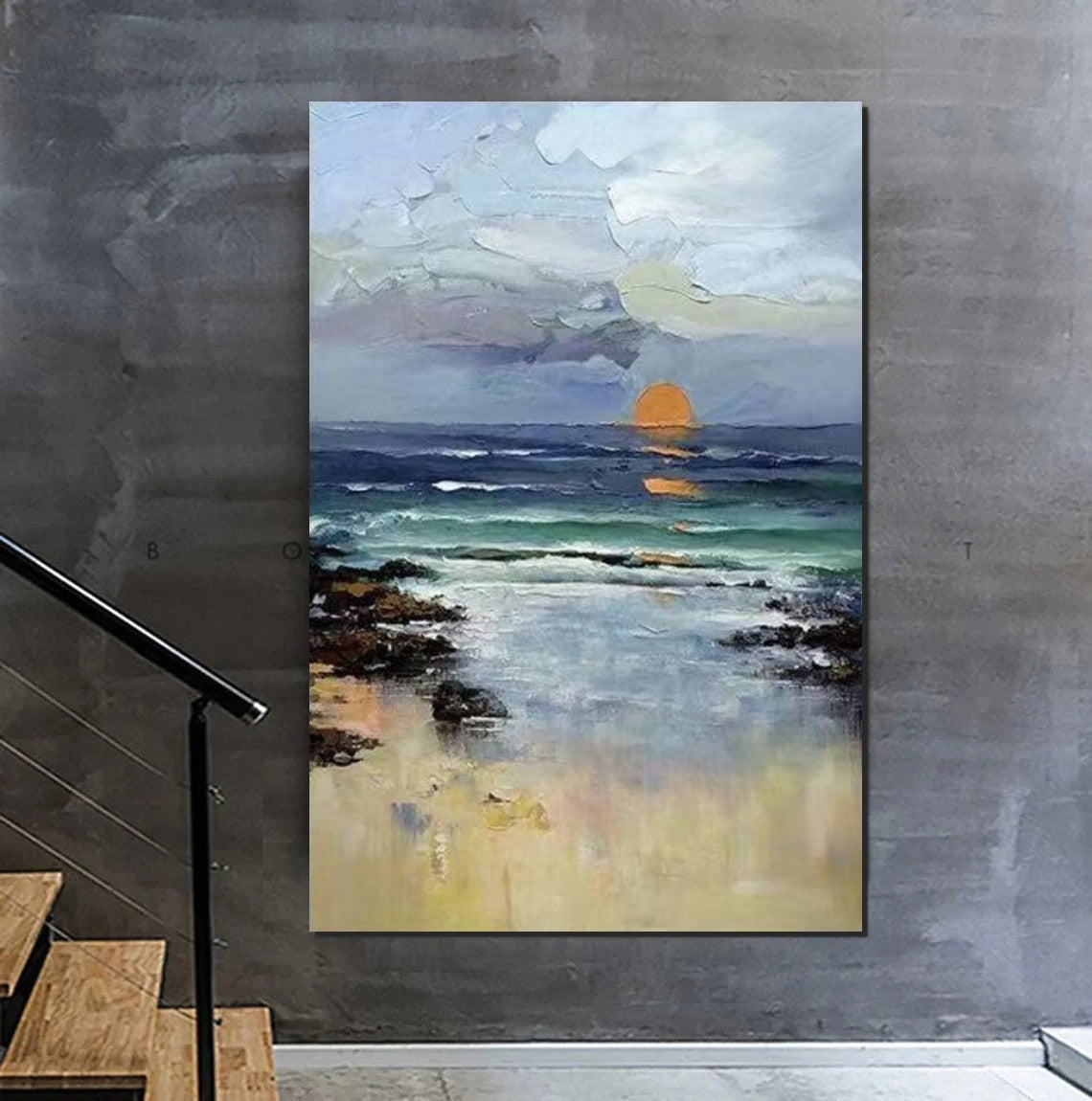 Contemporary Abstract Art for Dining Room, Seashore Sunrise Paintings, Living Room Canvas Art Ideas, Large Landscape Painting, Simple Modern Art-artworkcanvas