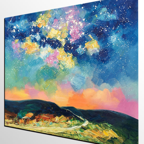 Abstract Landscape Painting, Starry Night Sky Painting, Heavy Texture Painting, Custom Canvas Painting for Sale, Large Painting for Bedroom-artworkcanvas