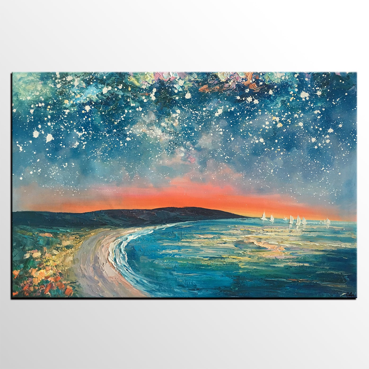 Starry Night Sky Seashore Painting, Abstract Art Painting, Canvas Oil Painting, Heavy Texture Art, Bedroom Wall Art, Landscape Painting, Large Art, Original Art-artworkcanvas