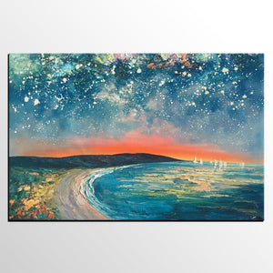 Starry Night Sky Seashore Painting, Abstract Art Painting, Canvas Oil Painting, Heavy Texture Art, Bedroom Wall Art, Landscape Painting, Large Art, Original Art-artworkcanvas