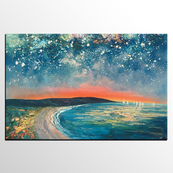 Starry Night Sky Seashore Painting, Abstract Art Painting, Canvas Oil Painting, Heavy Texture Art, Bedroom Wall Art, Landscape Painting, Large Art, Original Art-artworkcanvas