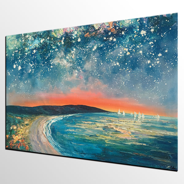 Starry Night Sky Seashore Painting, Abstract Art Painting, Canvas Oil Painting, Heavy Texture Art, Bedroom Wall Art, Landscape Painting, Large Art, Original Art-artworkcanvas