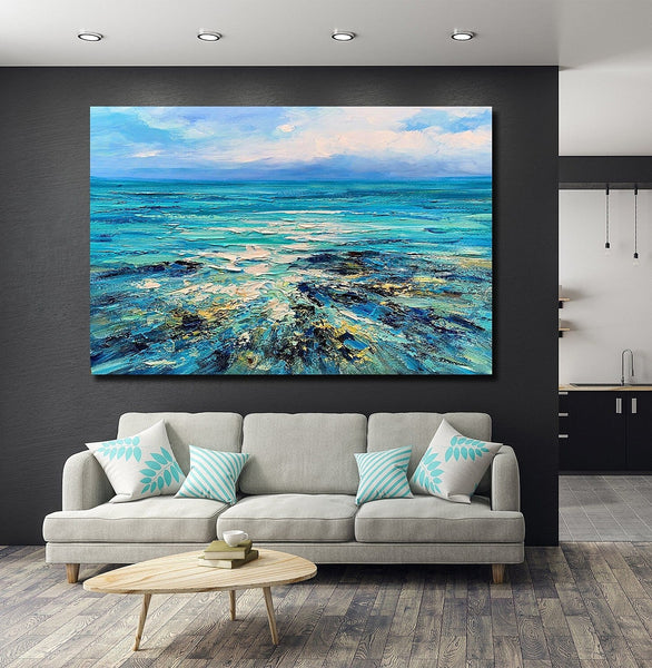 Abstract Landscape Paintings, Blue Sea Wave Painting, Landscape Canvas Paintings, Seascape Painting, Acrylic Paintings for Living Room, Hand Painted Canvas Art-artworkcanvas