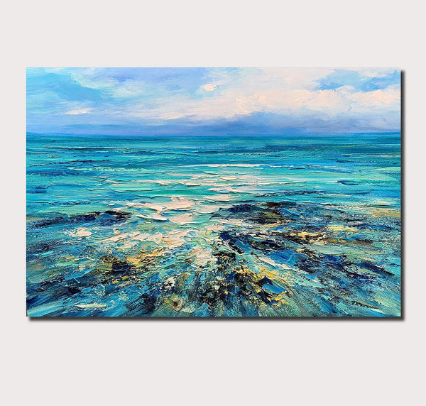 Abstract Landscape Paintings, Blue Sea Wave Painting, Landscape Canvas Paintings, Seascape Painting, Acrylic Paintings for Living Room, Hand Painted Canvas Art-artworkcanvas