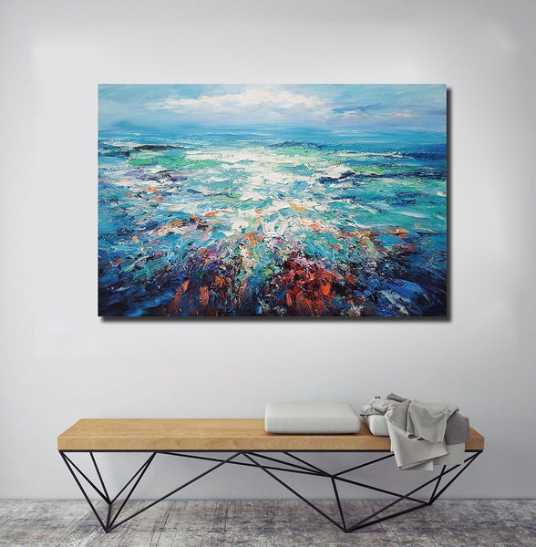 Landscape Canvas Paintings, Abstract Landscape Paintings, Blue Sea Wave Painting, Seascape Painting, Landscape Paintings for Living Room, Heavy Texture Canvas Art-artworkcanvas