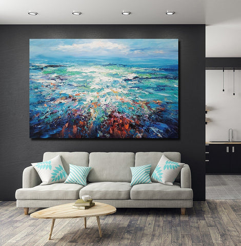 Landscape Canvas Paintings, Abstract Landscape Paintings, Blue Sea Wave Painting, Seascape Painting, Landscape Paintings for Living Room, Heavy Texture Canvas Art-artworkcanvas
