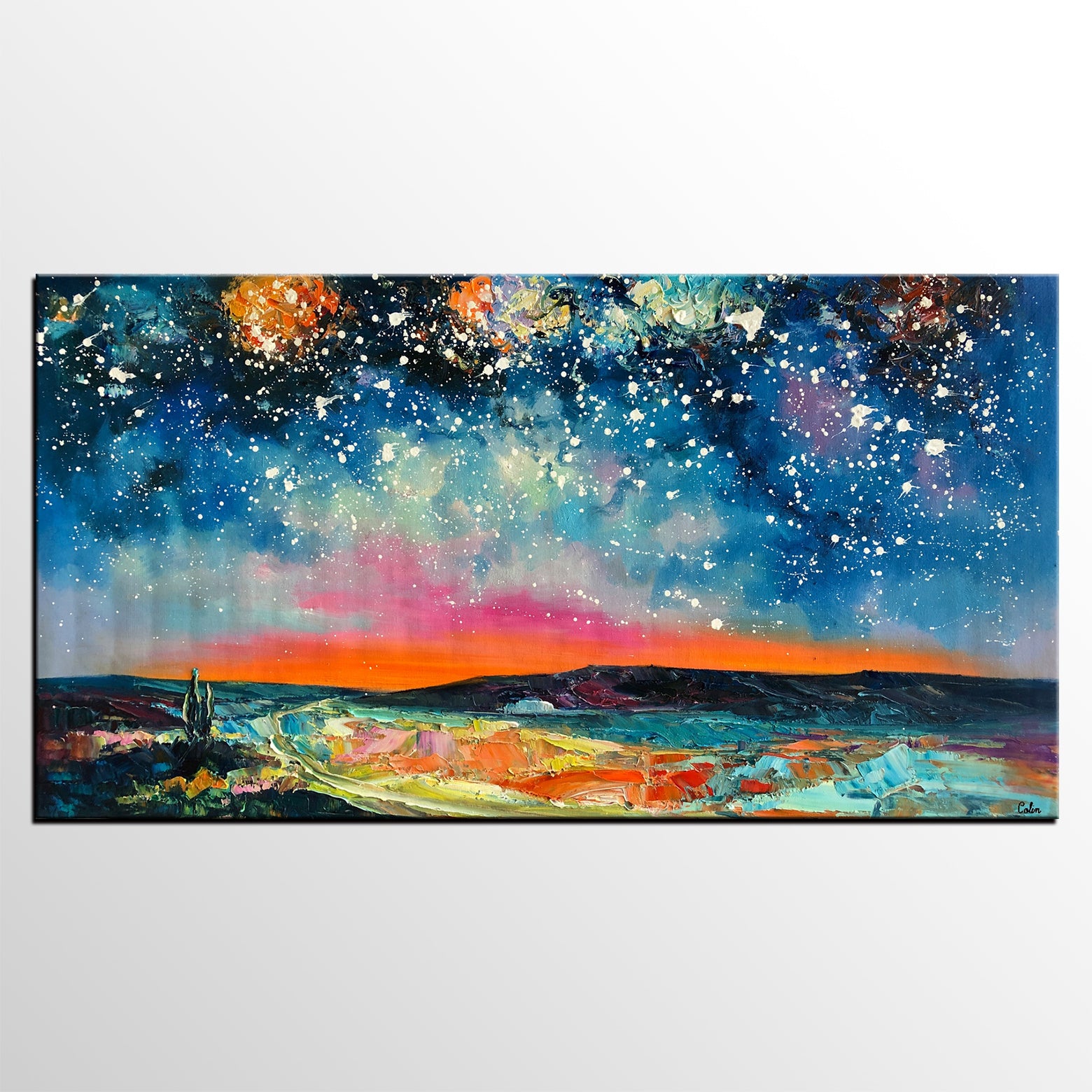 Starry Night Sky Painting, Abstract Artwork Painting, Original Landscape Oil Painting, Heavy Texture Painting-artworkcanvas