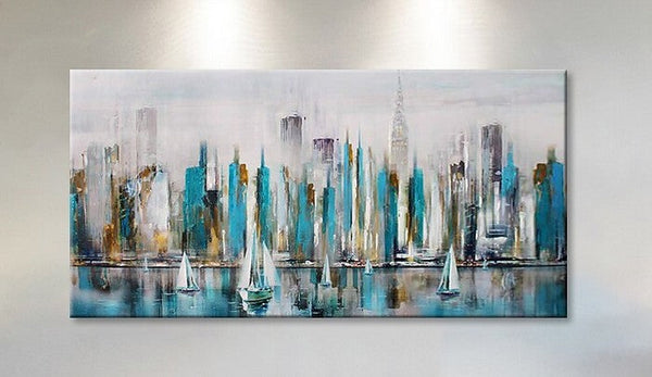 Sail Boat Painting, Cityscape Painting, Abstract Landscape Art, Wall Art Paintings, Simple Modern Paintings for Living Room-artworkcanvas