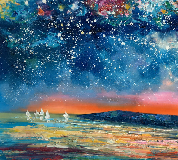 Canvas Painting, Abstract Art for Sale, Sail Boat under Starry Night Sky Painting, Custom Art, Buy Art Online-artworkcanvas