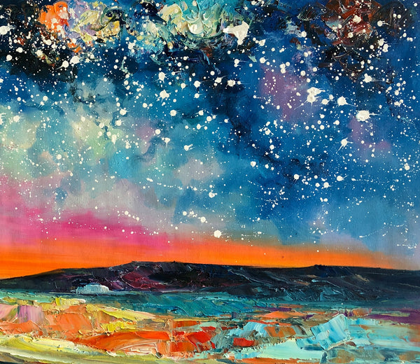 Starry Night Sky Painting, Abstract Artwork Painting, Original Landscape Oil Painting, Heavy Texture Painting-artworkcanvas