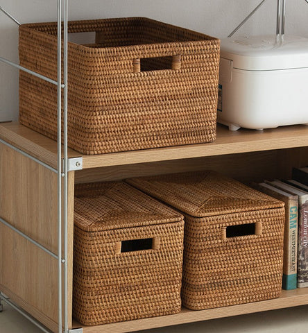 Rattan Storage Basket for Shelves, Rectangular Storage Basket with Lid, Extra Large Storage Baskets for Bedroom, Storage Baskets for Clothes-artworkcanvas