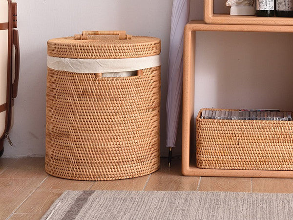 Large Laundry Storage Basket with Lid, Large Rattan Storage Basket for Bathroom, Woven Round Storage Basket for Clothes-artworkcanvas