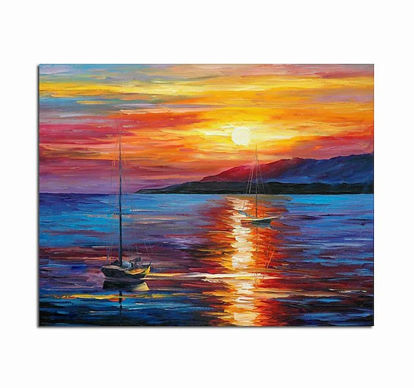 Boat Paintings, Simple Modern Art, Paintings for Living Room, Sunrise Painting, landscape Canvas Painting, Hand Painted Canvas Painting-artworkcanvas