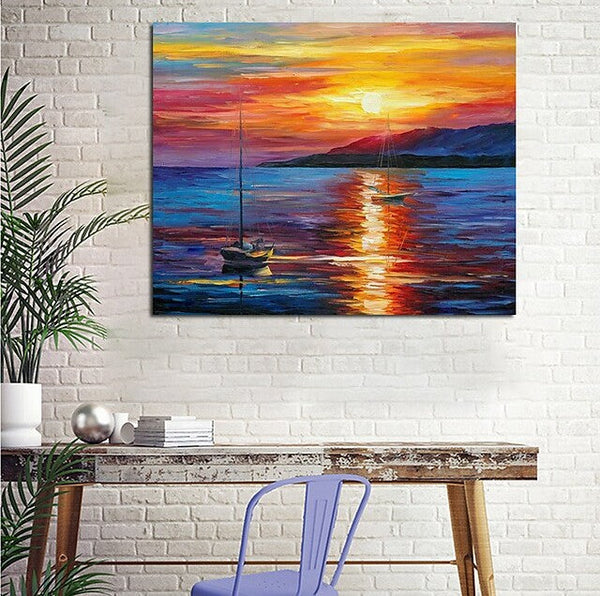 Boat Paintings, Simple Modern Art, Paintings for Living Room, Sunrise Painting, landscape Canvas Painting, Hand Painted Canvas Painting-artworkcanvas