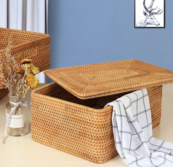 Storage Baskets with Lid, Rectangular Storage Baskets, Storage Baskets for Clothes, Pantry Storage Baskets, Rattan Woven Storage Basket for Bedroom-artworkcanvas