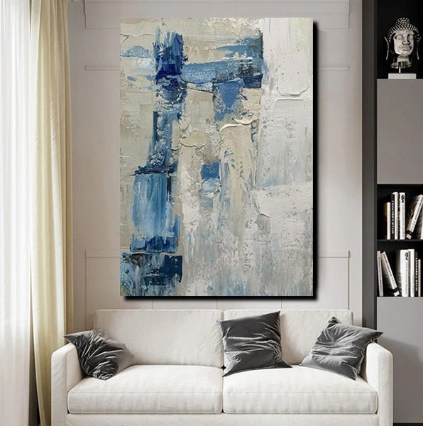 Simple Wall Art Ideas, Heavy Texture Painting, Blue Modern Abstract Painting, Bedroom Abstract Paintings, Large Acrylic Canvas Paintings-artworkcanvas