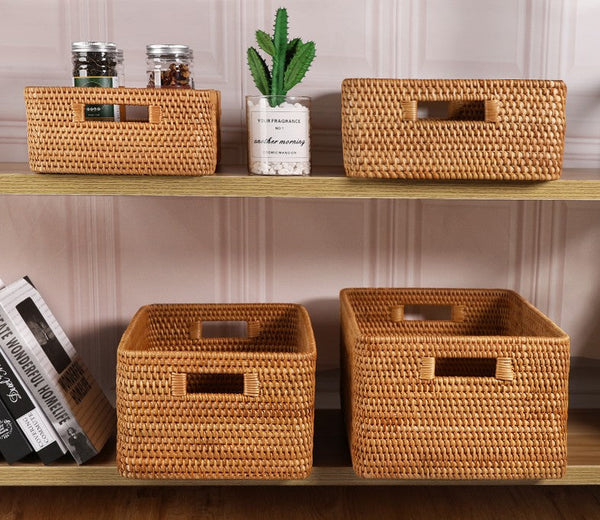 Woven Rattan Storage Baskets for Bedroom, Storage Basket for Shelves, Large Rectangular Storage Baskets for Clothes, Storage Baskets for Kitchen-artworkcanvas