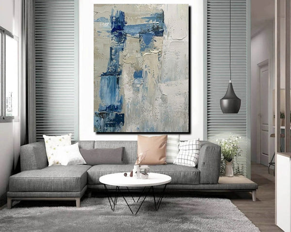 Simple Wall Art Ideas, Heavy Texture Painting, Blue Modern Abstract Painting, Bedroom Abstract Paintings, Large Acrylic Canvas Paintings-artworkcanvas