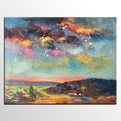 Wall Art for Bedroom Wall Art, Starry Night Sky Painting, Landscape Art, Custom Large Canvas Painting-artworkcanvas