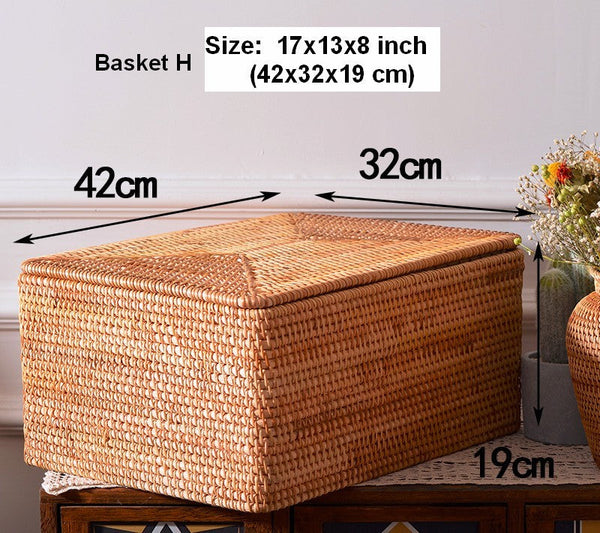 Storage Baskets with Lid, Rectangular Storage Baskets, Storage Baskets for Clothes, Pantry Storage Baskets, Rattan Woven Storage Basket for Bedroom-artworkcanvas