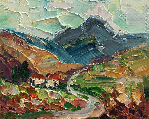 Heavy Texture Oil Painting, Mountain Village Landscape Painting, Small Oil Painting, Original Artwork, 8X10 inch-artworkcanvas